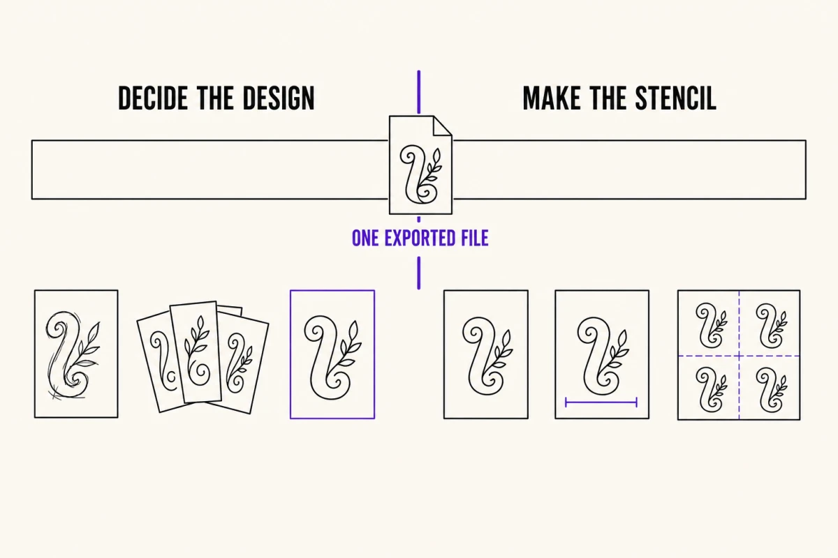 One band of work split by a single boundary into two territories, deciding the design on the left and making the stencil on the right, with one exported sheet crossing the line between them.