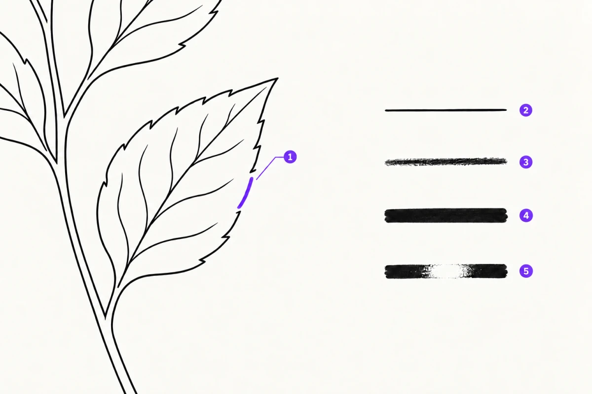 Eine Lücke in der Kontur eines Blatts, die mit einem einzigen Stift-Strich geschlossen wird, daneben Strichproben der vier Pinsel: Stift, Bleistift, Marker und Radierer.