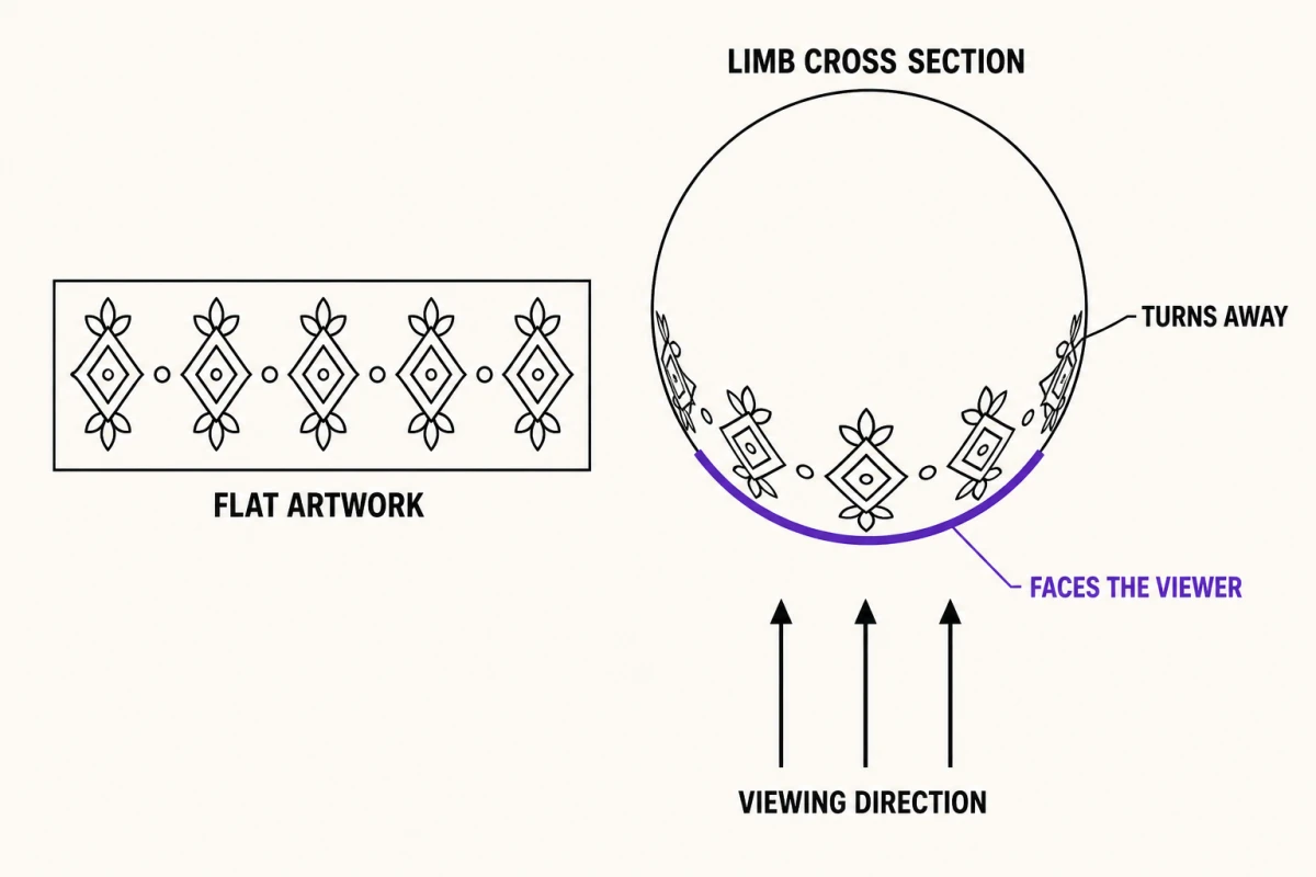 A flat strip of ornament beside a top-down limb cross-section with the same ornament wrapped around it: only the arc facing the viewer stays close to its full width, while both flanks compress and turn away.