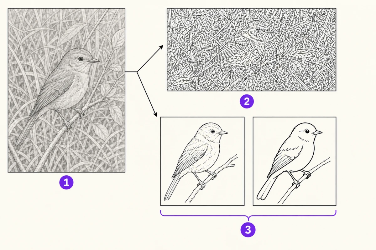 Dasselbe überladene Vogelfoto auf zwei Wegen: Die lokale Konturerkennung macht aus jedem Grashalm und jeder Federkante eine eigene Markierung und wiederholt sich aus denselben Einstellungen identisch, während KI-Line-Art den Hintergrund fallen lässt und bei jedem Durchlauf eine sichtbar andere Zeichnung liefert.
