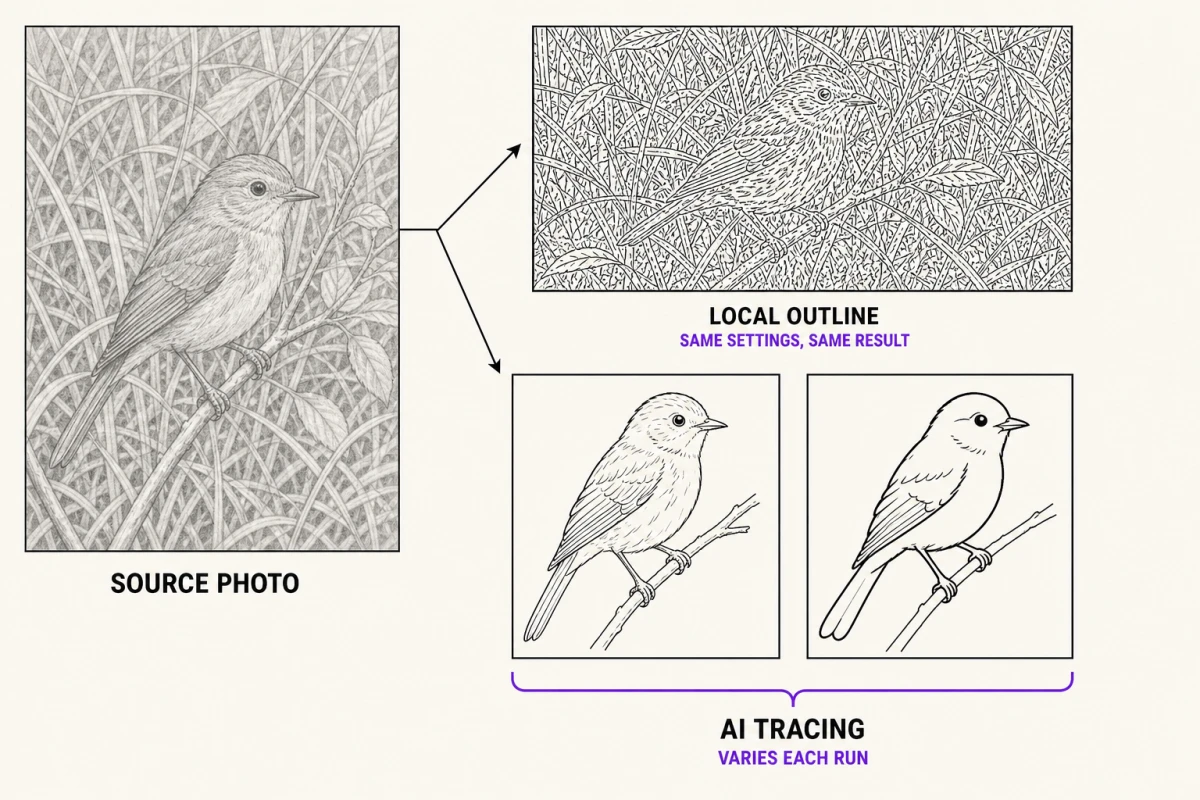The same cluttered bird photo taken down two routes: local outline detection turns every grass blade and feather edge into a separate mark and repeats identically from the same settings, while AI tracing drops the background and returns a visibly different drawing on each run.