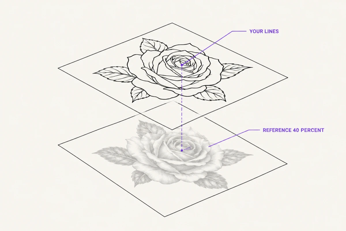 Two stacked layers seen at an angle: crisp rose stencil linework on top, labeled your lines, over the same rose as a faded photograph at 40 percent opacity, labeled reference.