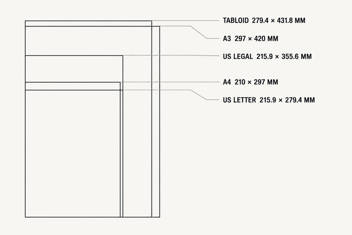 The five paper sizes InkLine prints on, drawn to exact relative scale from one shared corner: Tabloid (279.4 × 431.8 mm) is the tallest but narrower than A3 (297 × 420 mm), US Legal (215.9 × 355.6 mm) is exactly as wide as US Letter (215.9 × 279.4 mm), and A4 (210 × 297 mm) is a touch narrower and taller than US Letter.