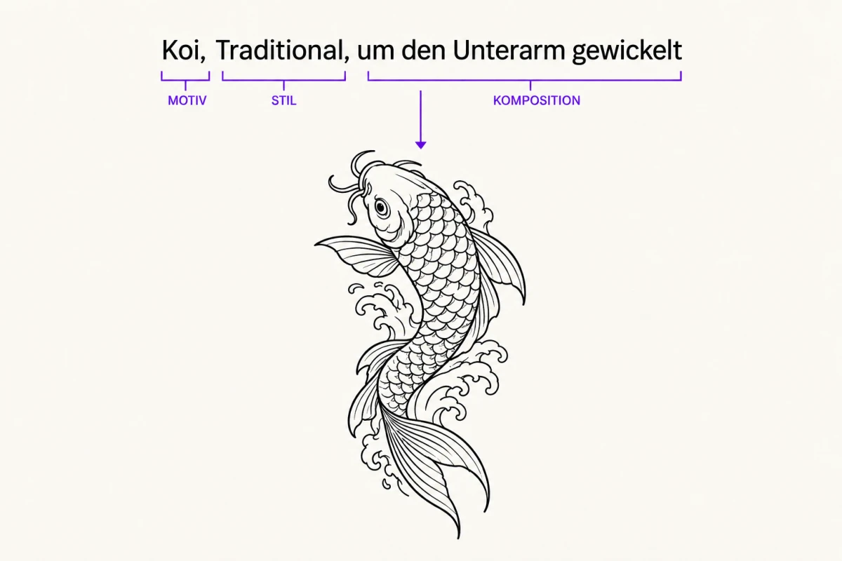 Der Prompt „Koi, Traditional, um den Unterarm gewickelt“, mit Klammern in Motiv, Stil und Komposition zerlegt, und darunter die daraus entstandene Koi-Line-Art im Traditional-Stil.