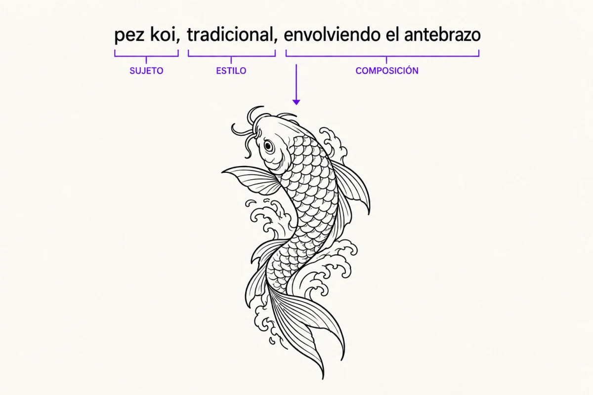 Un prompt que dice pez koi, tradicional, envolviendo el antebrazo, dividido con llaves en sujeto, estilo y composición, con el pez koi tradicional en línea que resulta de él dibujado debajo.