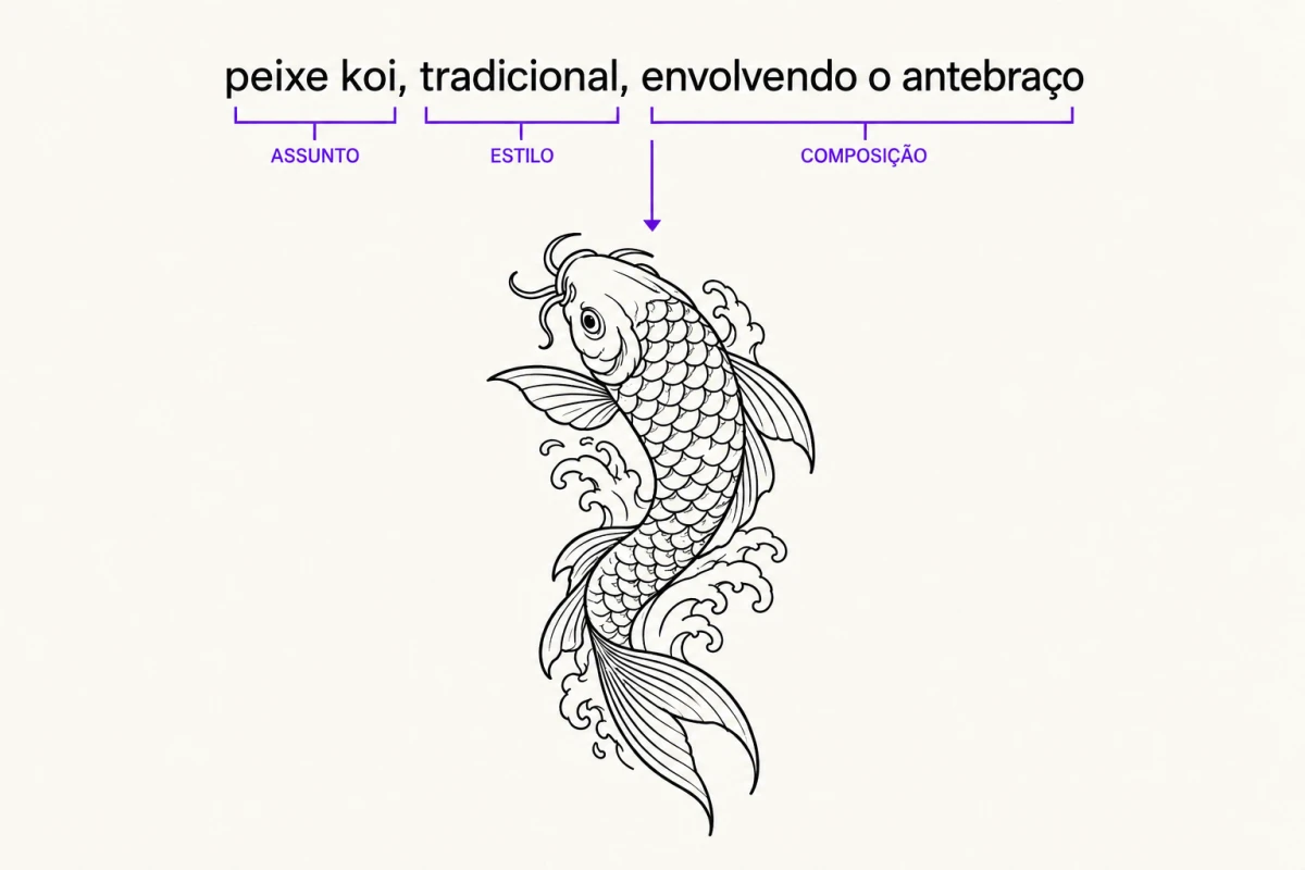 Um prompt que diz peixe koi, tradicional, envolvendo o antebraço, dividido por chaves em assunto, estilo e composição, com o line art do koi tradicional que resulta dele desenhado logo abaixo.