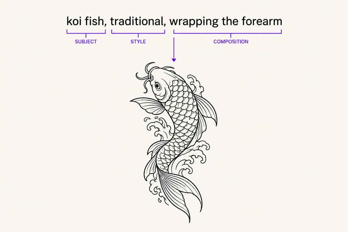 A prompt reading koi fish, traditional, wrapping the forearm, bracketed into subject, style and composition, with the resulting traditional koi line art beneath it.