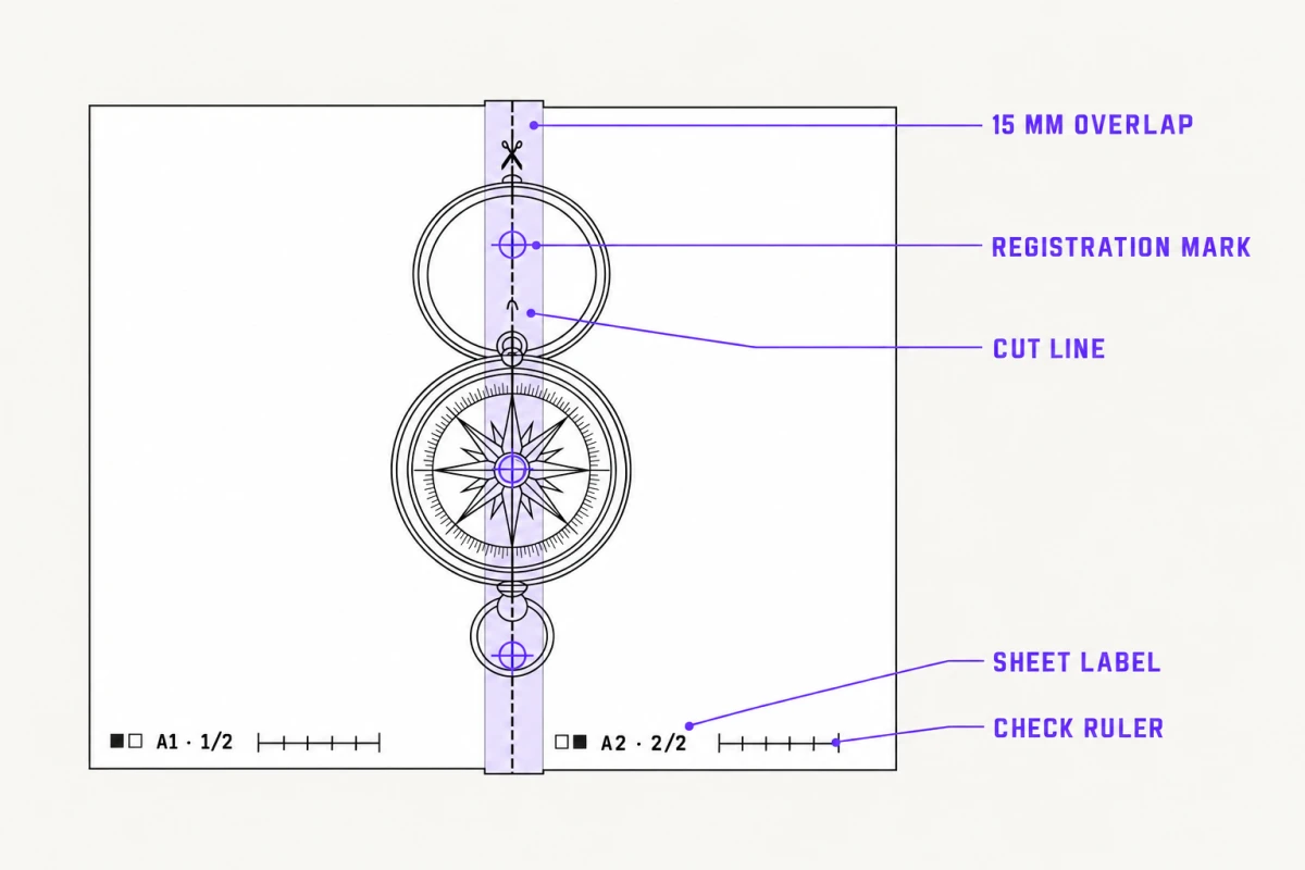 Two tiled sheets overlapping on a shared 15 mm strip, with a compass design running across the seam: three circle-and-cross registration marks sit on the strip's center line, a dashed cut line with a scissors symbol runs down it, and each sheet carries its label, A1 · 1/2 and A2 · 2/2, with a small grid map and a check ruler.