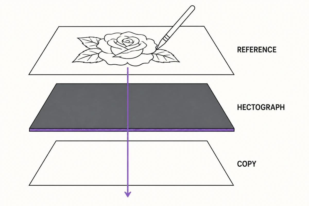 Exploded view of hand-tracing a stencil: the reference drawing on top, hectograph paper beneath it, and the transferred copy on the bottom sheet.