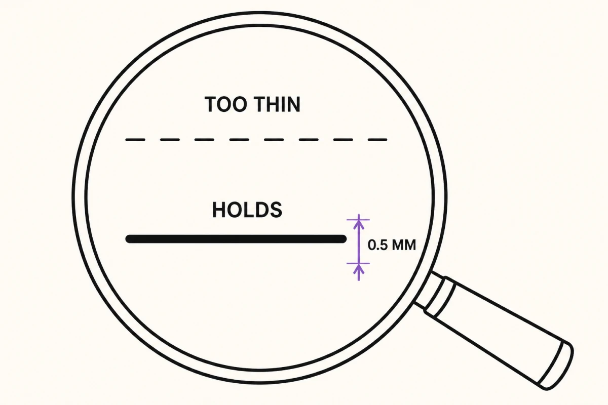 Two stencil lines compared under a magnifier: a hairline that breaks into dashes on transfer, and a heavier 0.5 mm line that holds.