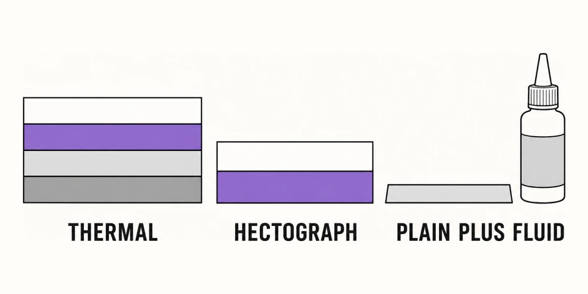 Cutaway edge views of three stencil papers: four-layer thermal paper, two-layer hectograph paper, and a plain sheet used with a bottle of transfer fluid.