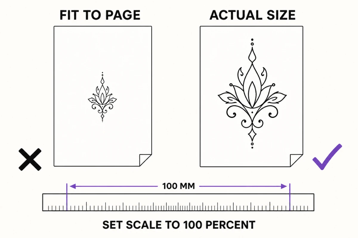 Diagram comparing two printed sheets: a design shrunk by a fit-to-page setting and the same design at actual size, with a ruler measuring 100 mm and the instruction to set scale to 100 percent.