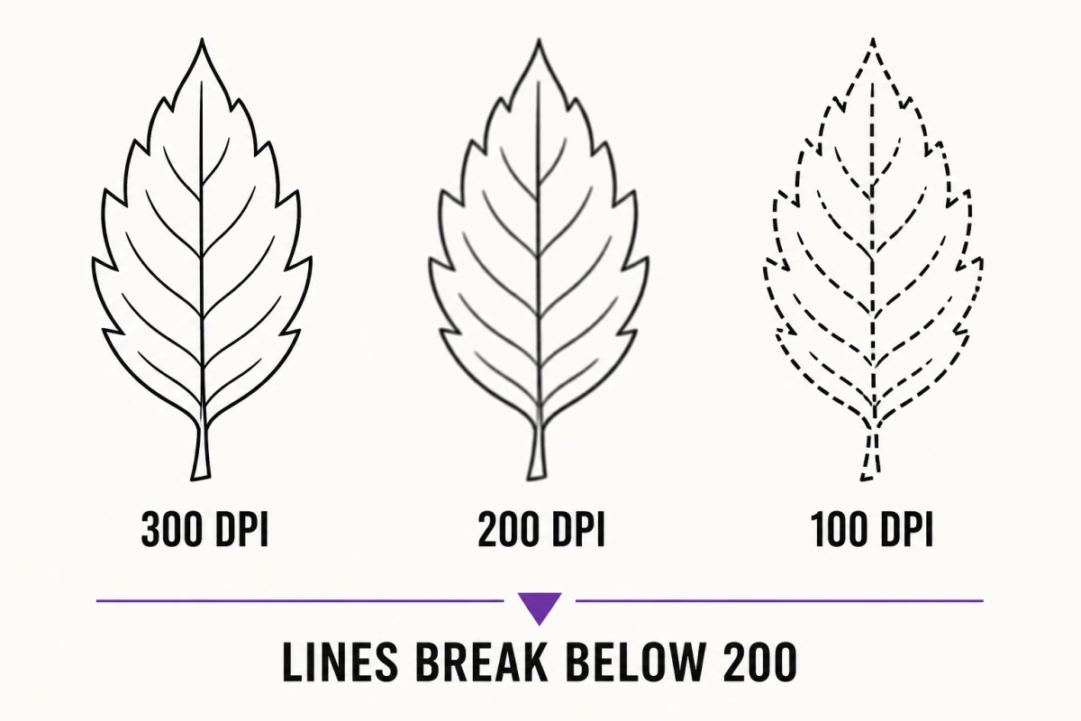 The same leaf motif redrawn at 300, 200 and 100 DPI, showing the linework thinning and breaking apart as resolution drops.