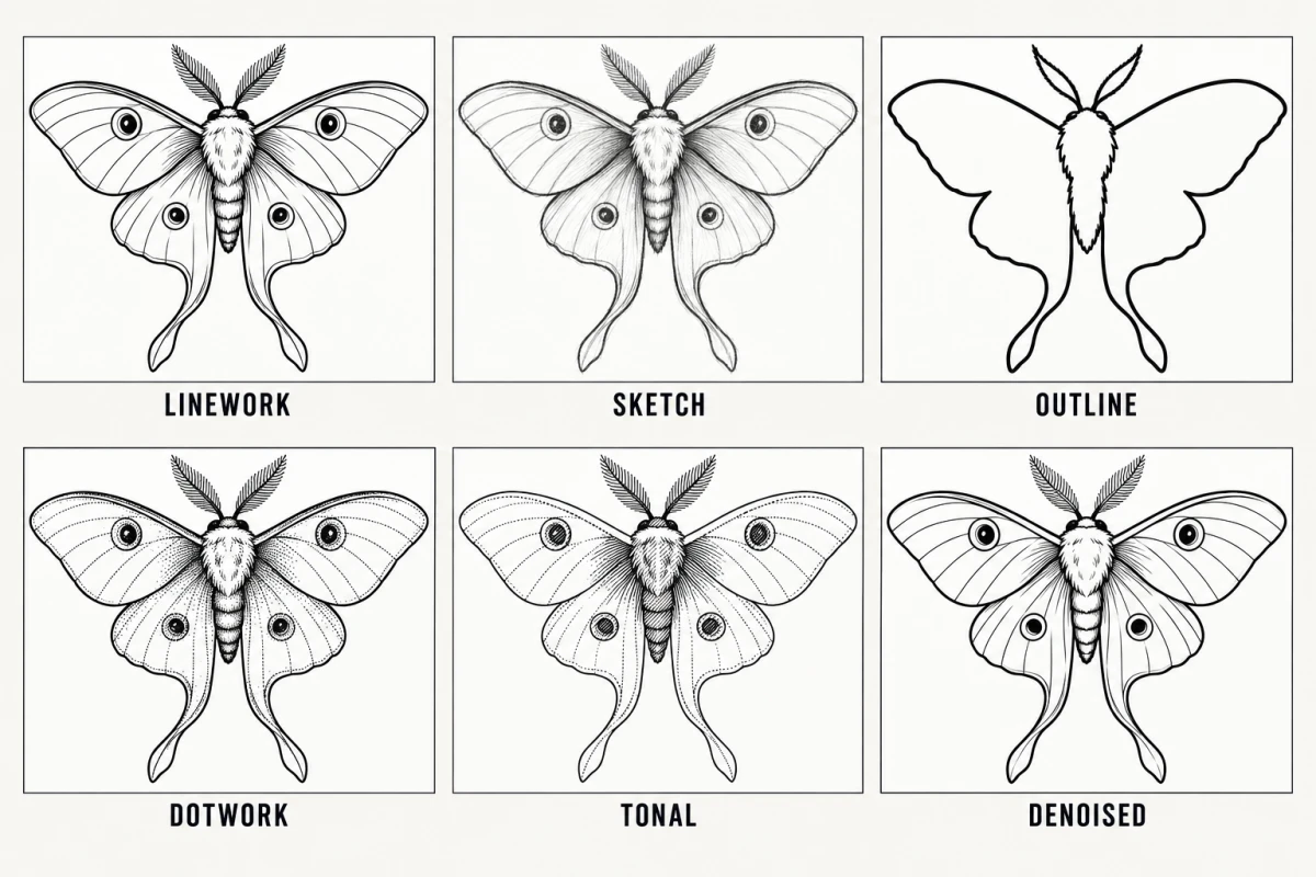 The same moth design shown six ways, one panel per stencil mode — Linework, Sketch, Outline, Dotwork, Tonal and Denoised.