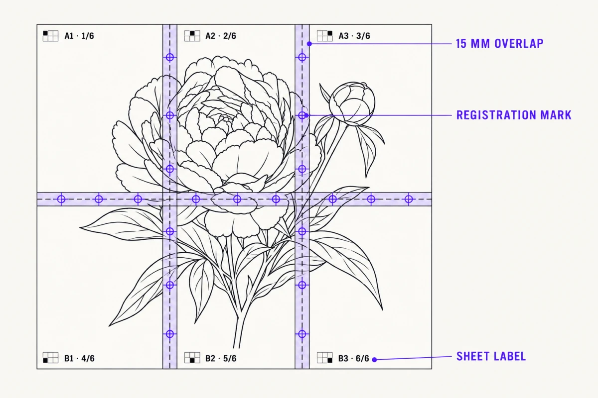 One design tiled across six sheets in two rows of three, labelled A1 to B3, with a 15 mm overlap strip at every seam carrying three circle-and-cross registration marks and a dashed cut line.