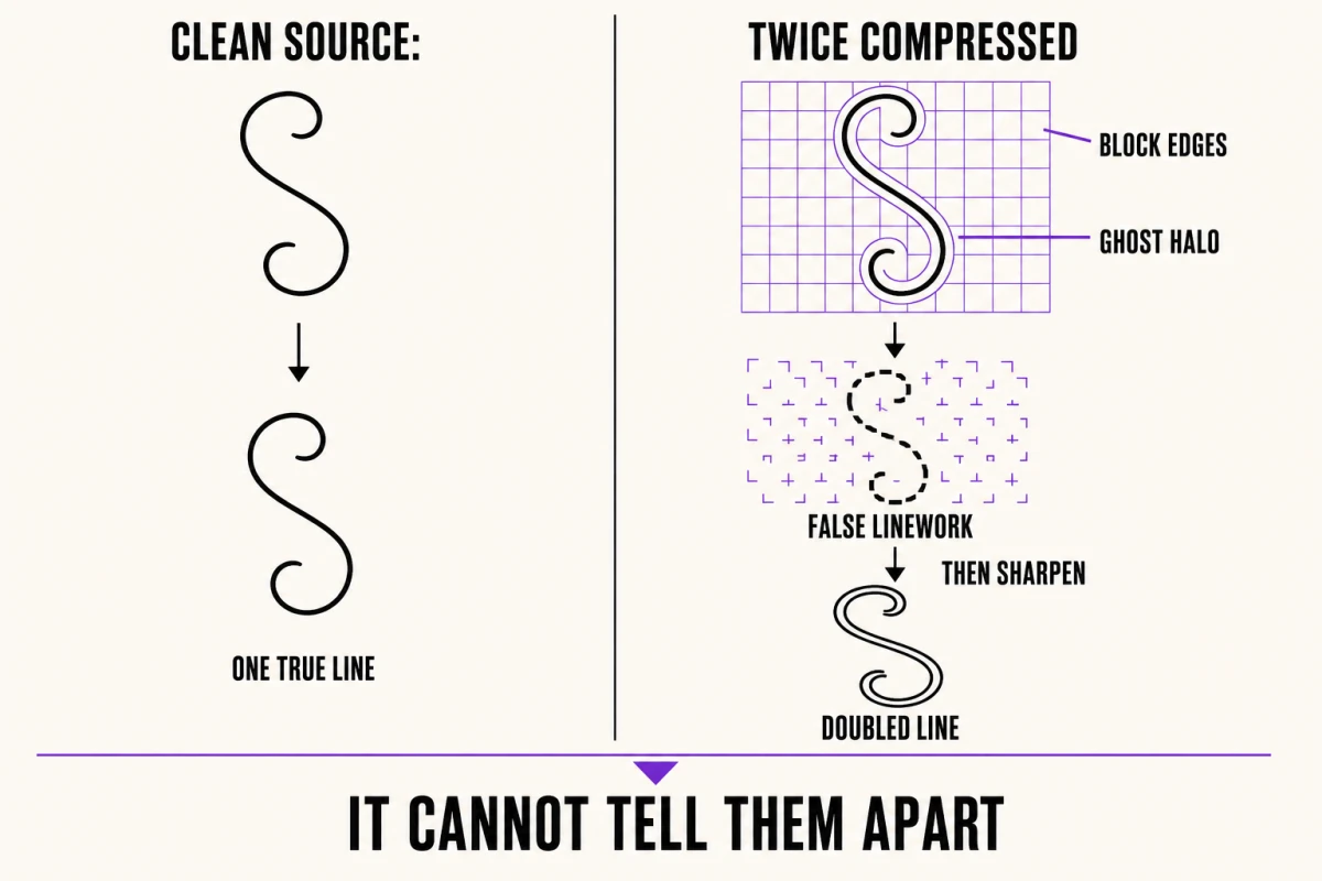 Two panels compare a clean edge, which an outline pass reads as one true line, with a twice-compressed edge whose block edges and ghost halo are traced as false linework and then doubled once the file is sharpened.