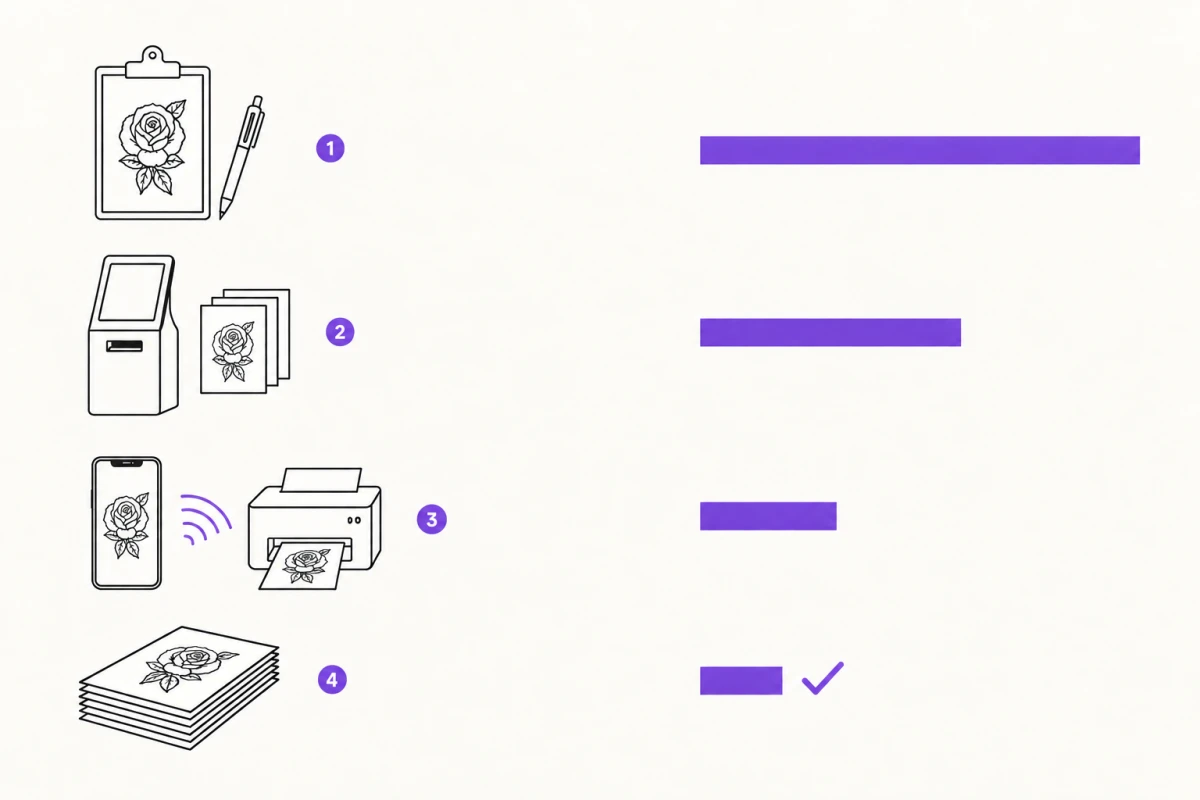 Vier Wege zum Stencil auf einer Convention als Zeitbalken: Nachzeichnen von Hand mit 15 bis 30 Minuten, die Druckstation der Veranstaltung mit 5 bis 15, AirPrint vom Handy und vor der Reise vorgedruckte Blätter.