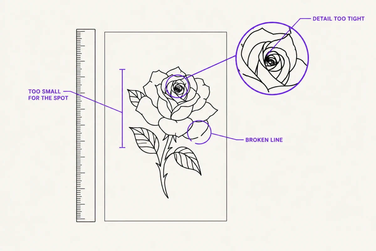 An apprentice's rose stencil with the three things a mentor sends it back for called out: a broken outline, a design too small for the placement next to a ruler, and detail packed too tight under a magnifier.
