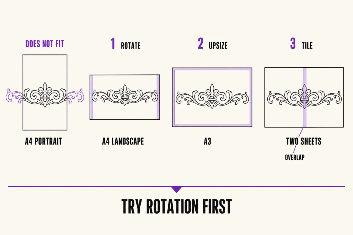 The same enlarged design tested against four page setups in order: overflowing A4 portrait, fitting A4 landscape, fitting A3 with margin, and split across two overlapping sheets as a last resort.