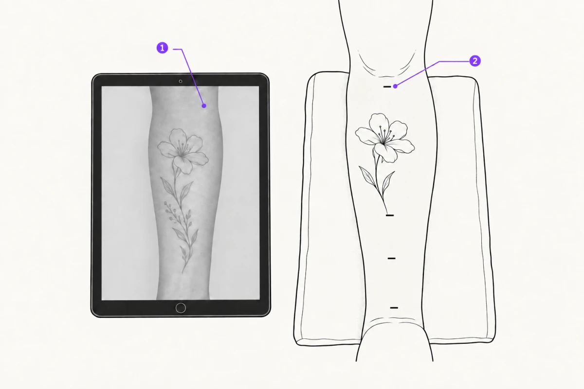 Ein Tablet mit dem Motiv über einem Foto des Unterarms liegt neben dem echten Unterarm, auf dem vier Ankerstriche und die ersten Linien desselben Motivs auf die Haut gezeichnet sind.