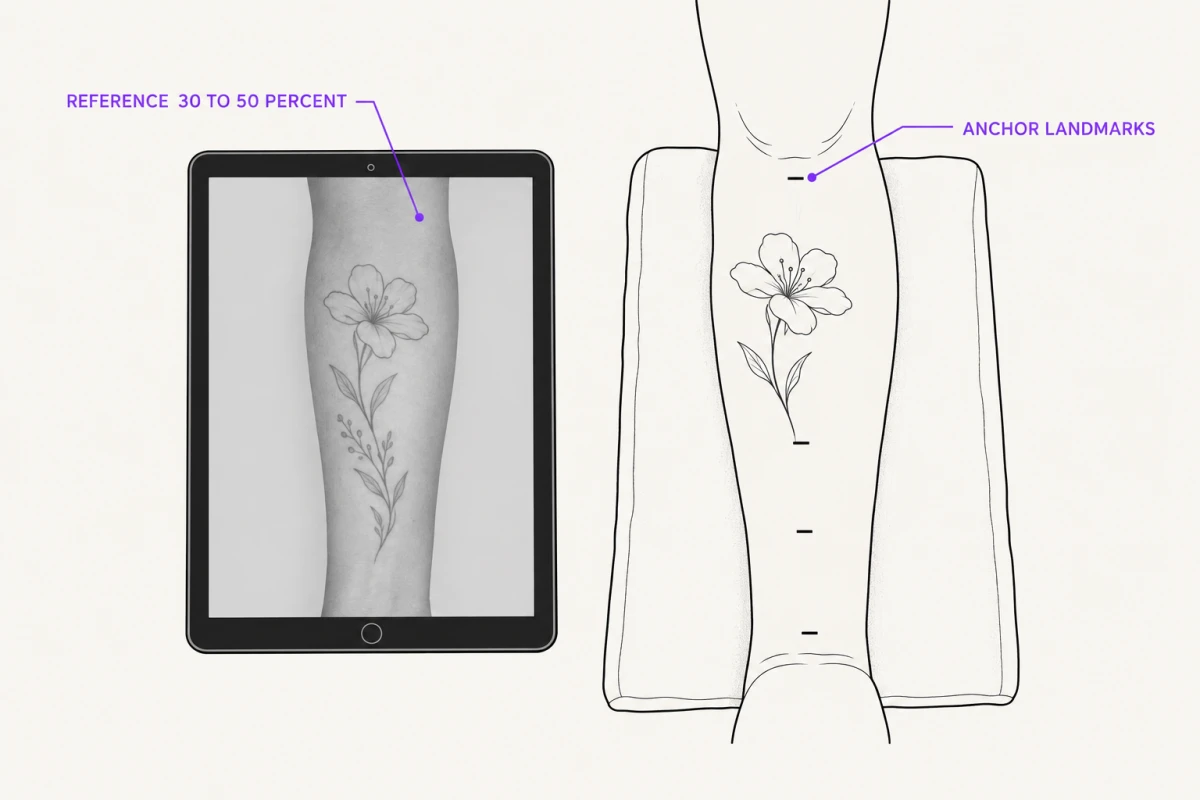 A tablet showing the design over a photo of the forearm lies beside the real forearm, where four anchor ticks and the first lines of the same design have been drawn on the skin.