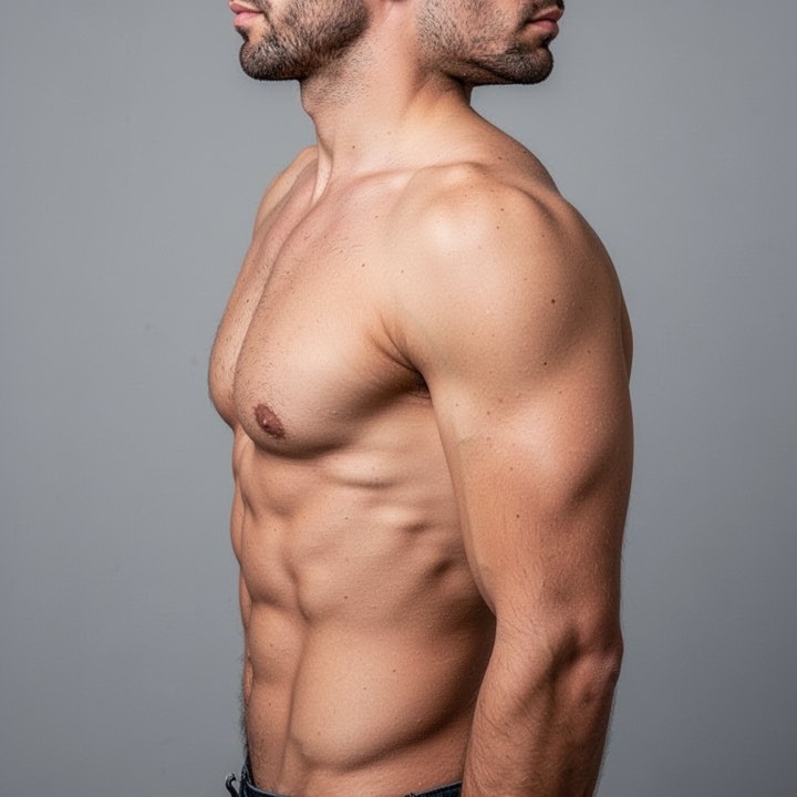 Foto de referência gerada por IA de um tronco à mostra de perfil, com as costelas e a lateral do corpo à vista, sem nenhuma tatuagem nem stencil.