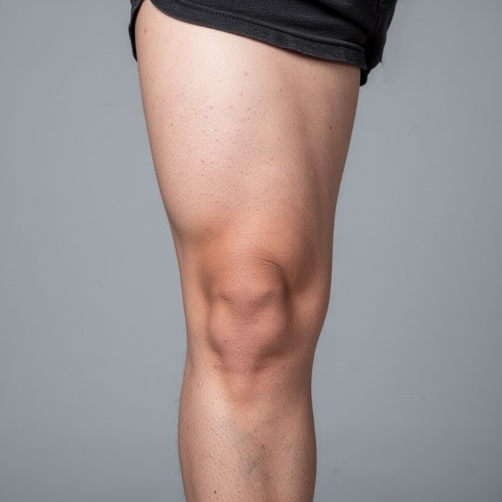 Foto de referência gerada por IA de uma coxa e um joelho à mostra, abaixo de um short preto, sobre um fundo cinza, sem nenhuma tatuagem nem stencil.