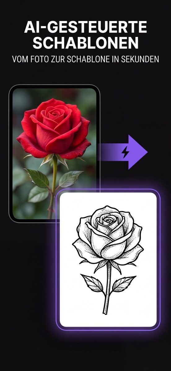 Das Foto einer roten Rose und daneben die saubere Linien-Schablone, in die es umgewandelt wurde.