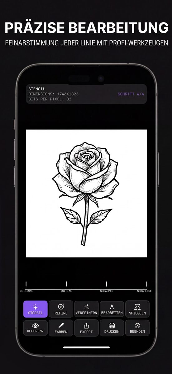 Der Bearbeitungsbildschirm mit einer Rosen-Schablone und den Werkzeugen zum Verfeinern, Spiegeln und Drucken.