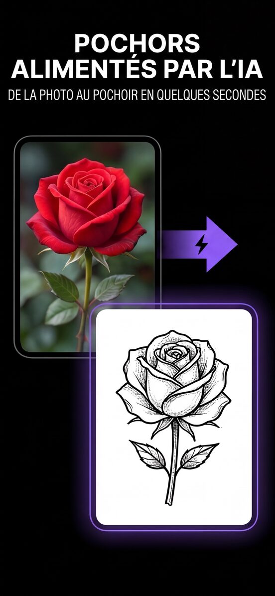 La photo d’une rose rouge et, à côté, le pochoir aux lignes nettes en lequel elle a été convertie.