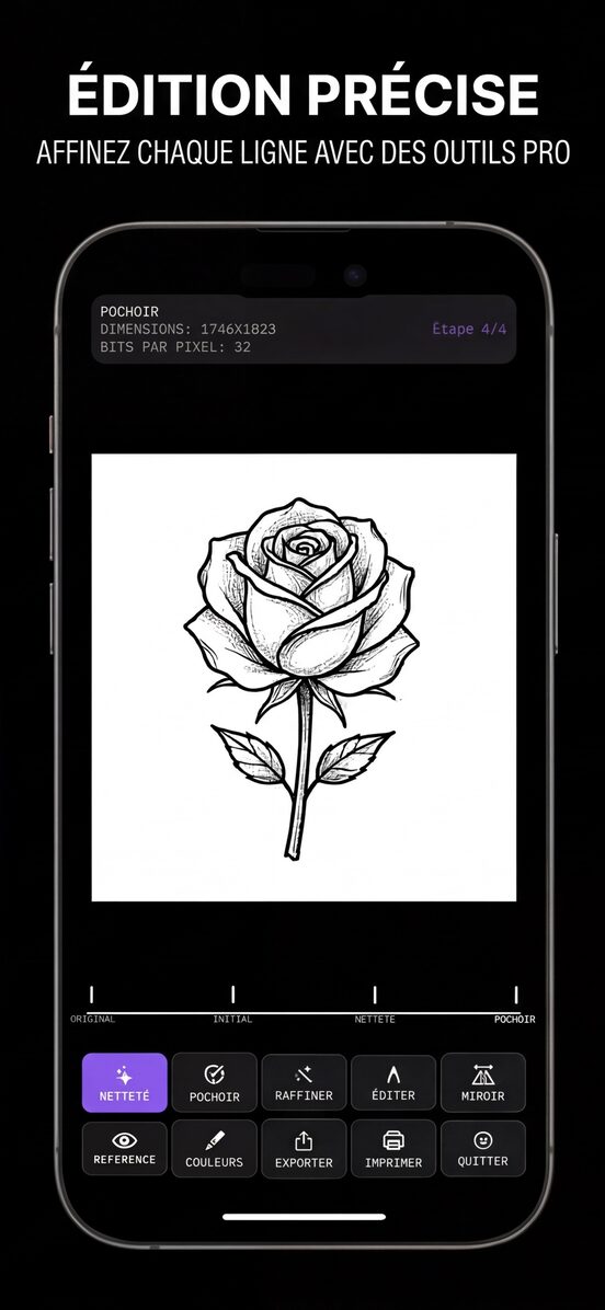 L’écran d’édition avec un pochoir de rose et les outils pour affiner, mettre en miroir, exporter et imprimer.