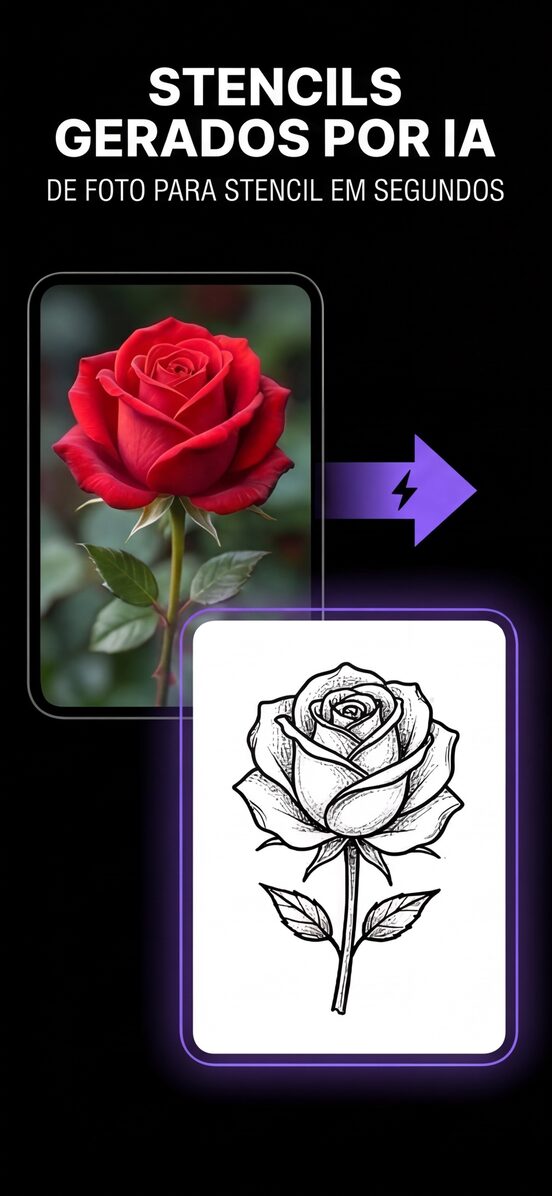 A foto de uma tatuagem de rosa e, ao lado, o stencil de traço limpo em que ela foi convertida.