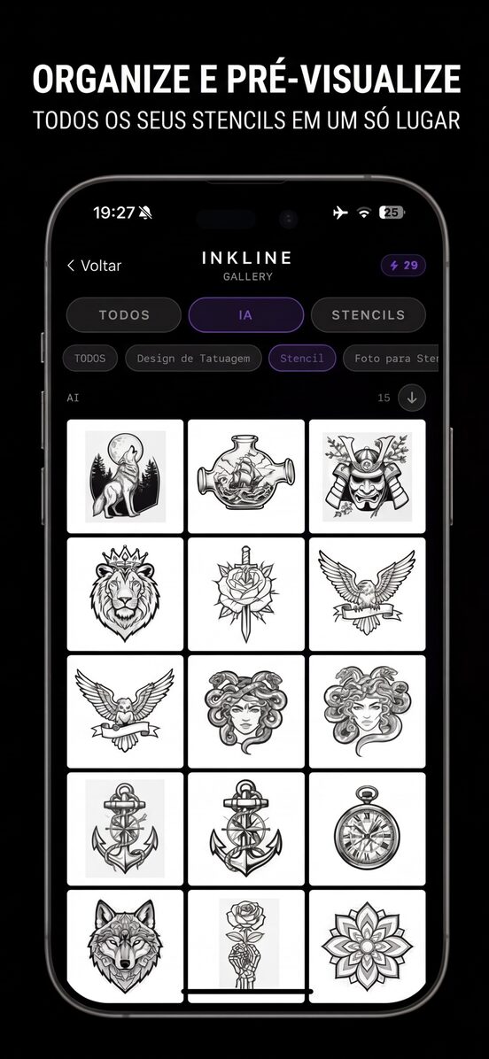 A galeria de projetos de stencil salvos no app.