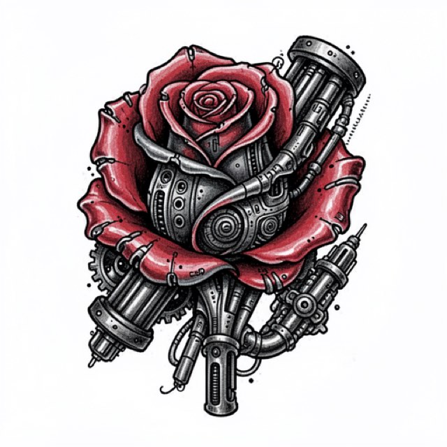 AI-generated example biomechanical design rendered by the app: torn skin opening over layered pistons and cable bundles, shown as a black-and-white stencil rather than a healed tattoo