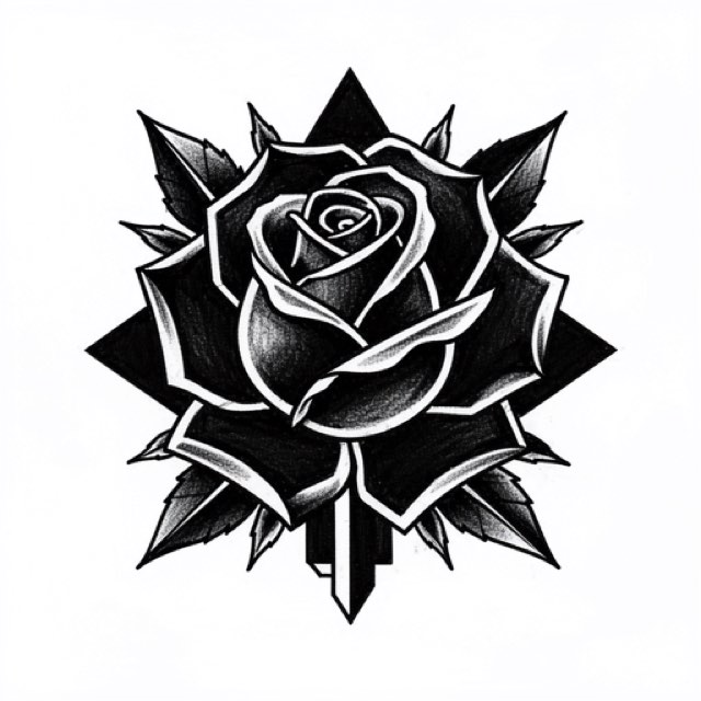 AI-generated example blackwork design rendered in the app: a bold ornamental panel of solid black shapes separated by sharp negative-space gaps.