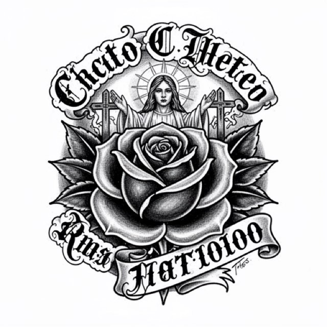 AI-generated example Chicano design rendered in the app: fine-line black and gray script above a rose and a pair of folded hands.