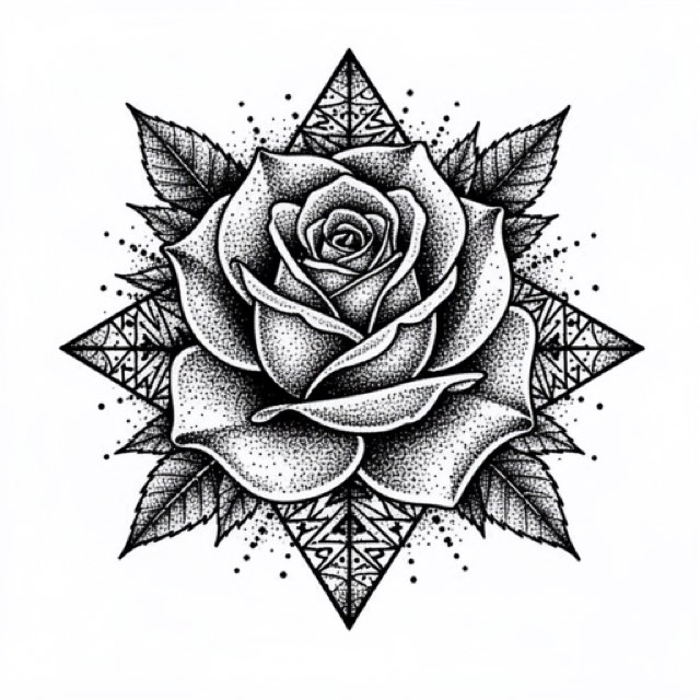 AI-generated example dotwork design rendered by the app: a stippled moth with density gradients across the wings, shown as a black-and-white stencil rather than a healed tattoo
