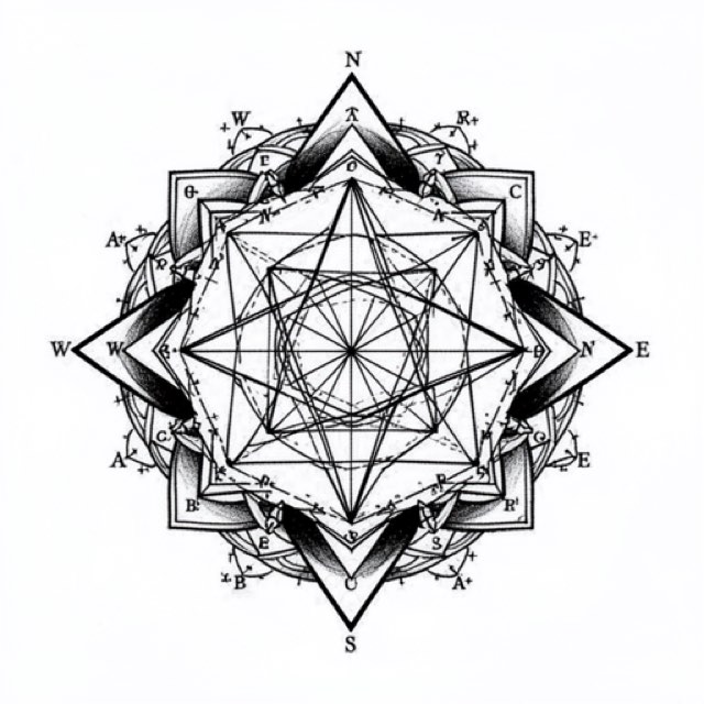 AI-generated example design rendered in the app: a symmetric geometric motif of nested triangles, concentric thin rings and a hexagonal lattice, shown as flat black linework on white.