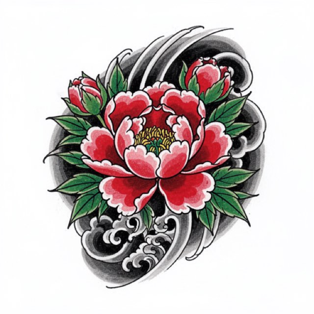 AI-generated example Japanese design rendered in the app: a koi and wave panel shown as heavy black linework with a graded background of finger waves