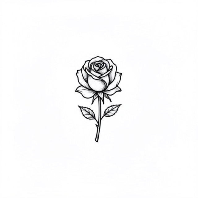An AI-generated example design rendered in the app: a minimalist single-needle botanical sprig, thin uniform black lines on a white background.