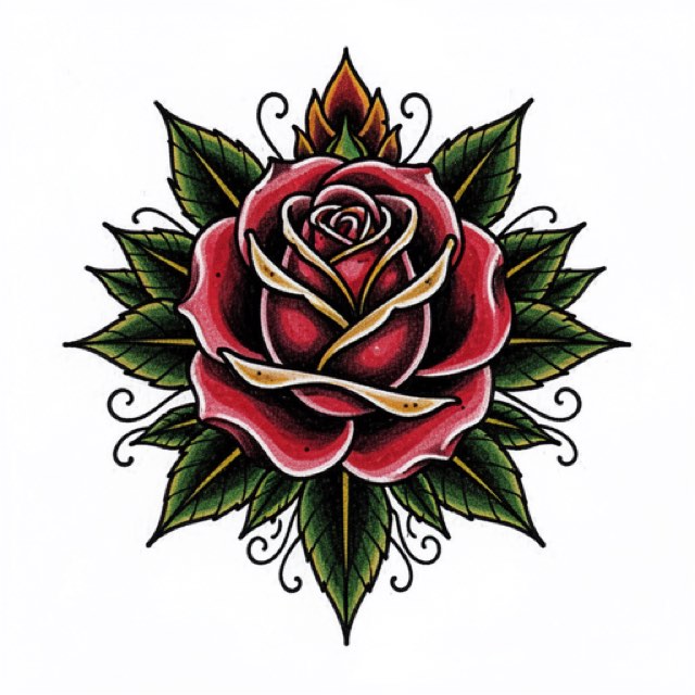 AI-generated example neo-traditional design rendered in the app: a rose and dagger with heavy outer linework, mid-weight petal folds and fine jewel detail