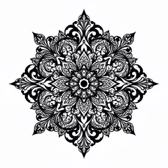 AI-generated example design rendered in the app: a symmetric ornamental chandelier motif with filigree scrollwork, teardrop pendants and stippled dot accents, shown as black linework on white.