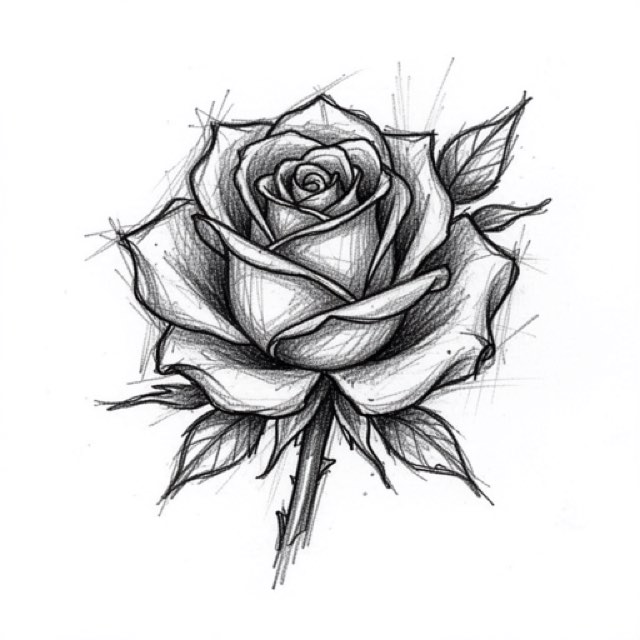 AI-generated example sketch design rendered in the app: a pencil-drawn rose with graphite hatching and loose strokes overshooting the petal edges.