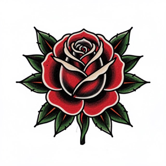 AI-generated example design rendered in the app: a traditional rose and dagger drawn in bold, even outlines with solid black fill and open negative space.