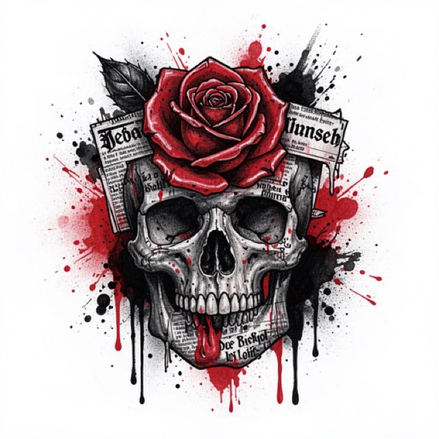 AI-generated example trash polka design rendered by the app: a high-contrast portrait crossed by hard black bars, splatter and block lettering with flat red shapes, shown as an example render rather than a healed tattoo