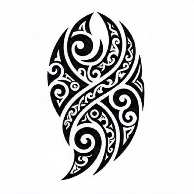 AI-generated example tribal design rendered in the app: interlocking solid black bands that taper to sharp points, separated by narrow channels of bare skin