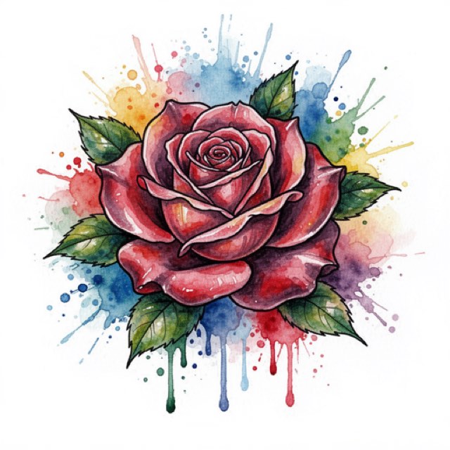 AI-generated example design rendered in the app: a hummingbird in loose watercolor-style washes of teal and magenta sitting over a few sparse black anchor lines.