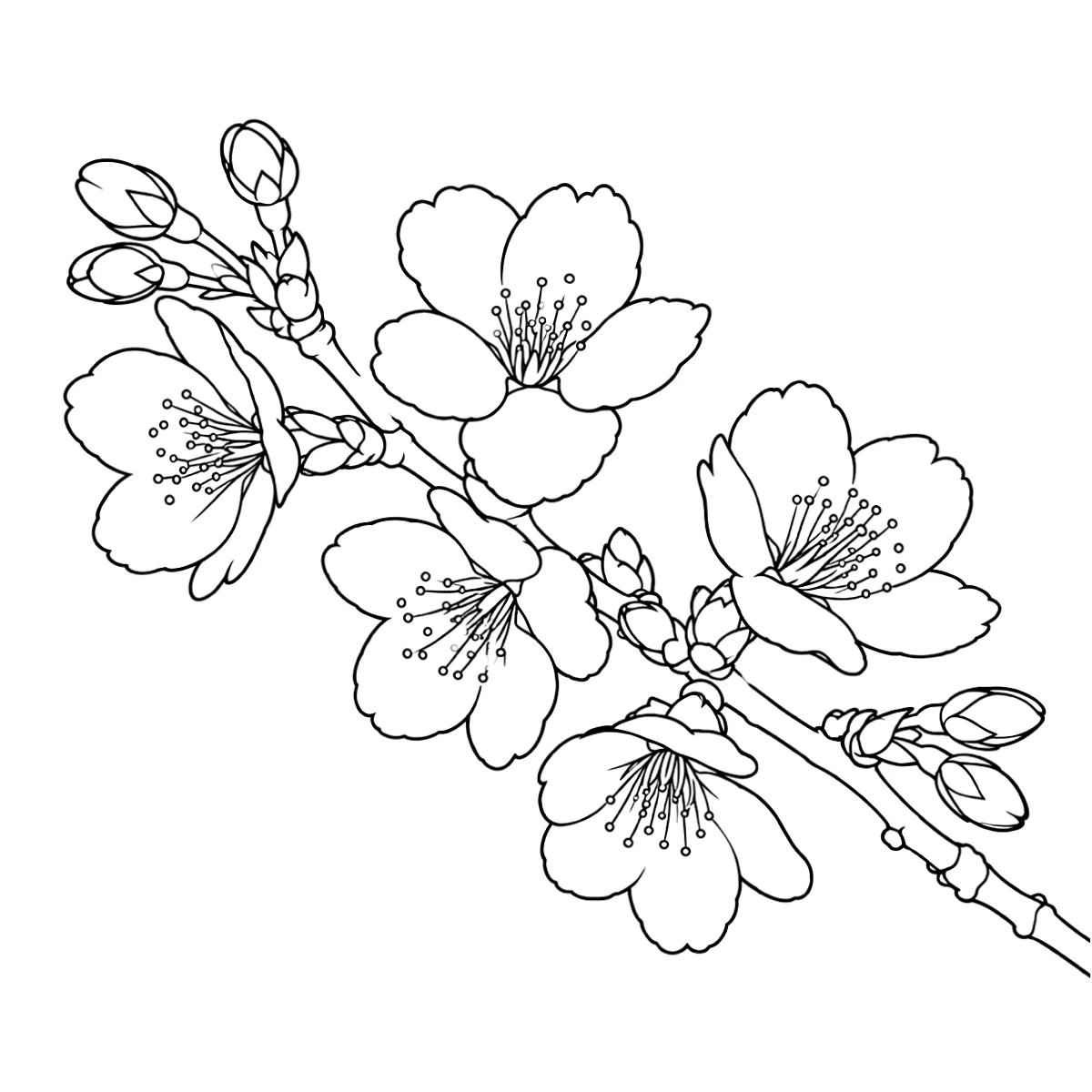 Cherry blossom tattoo stencil in clean black linework on white, printable (AI-generated example)