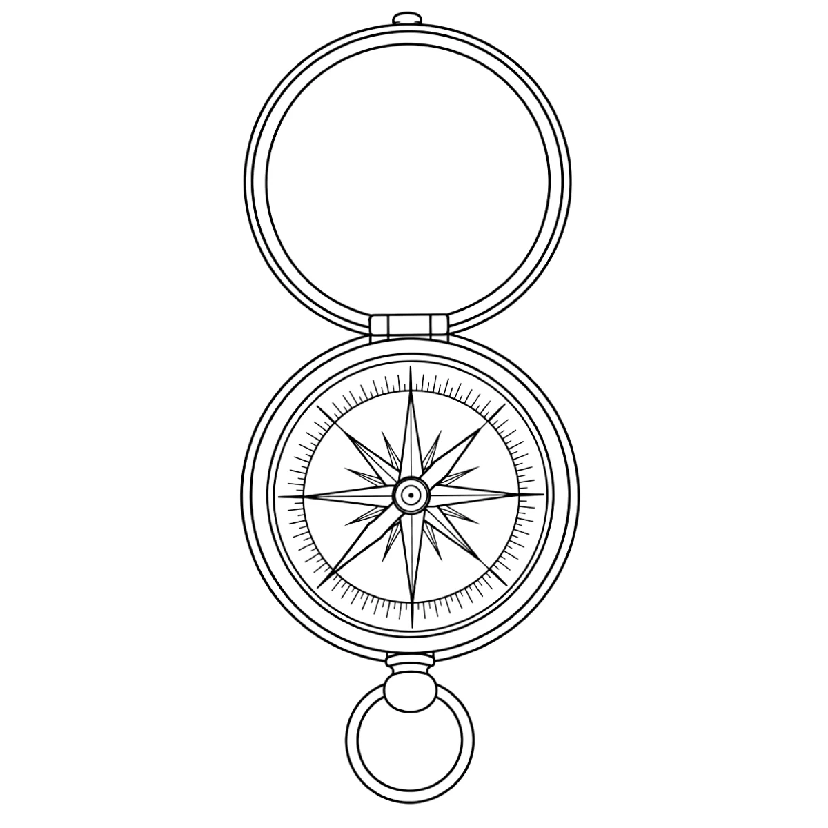 Compass tattoo stencil in clean black linework on white, printable (AI-generated example)