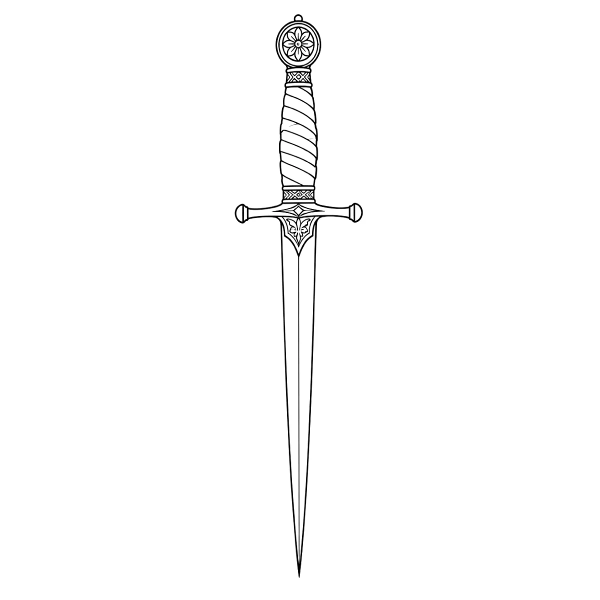Dagger tattoo stencil in clean black linework on white, printable (AI-generated example)